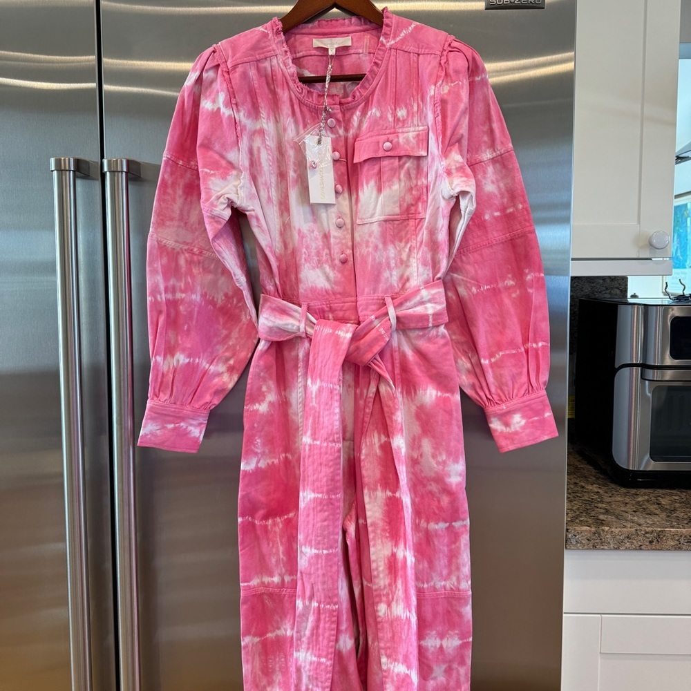 Nwt Loveshackfancy Paca Jumpsuit In Hibiscus Hand Dyed Pink White Tie-Dye